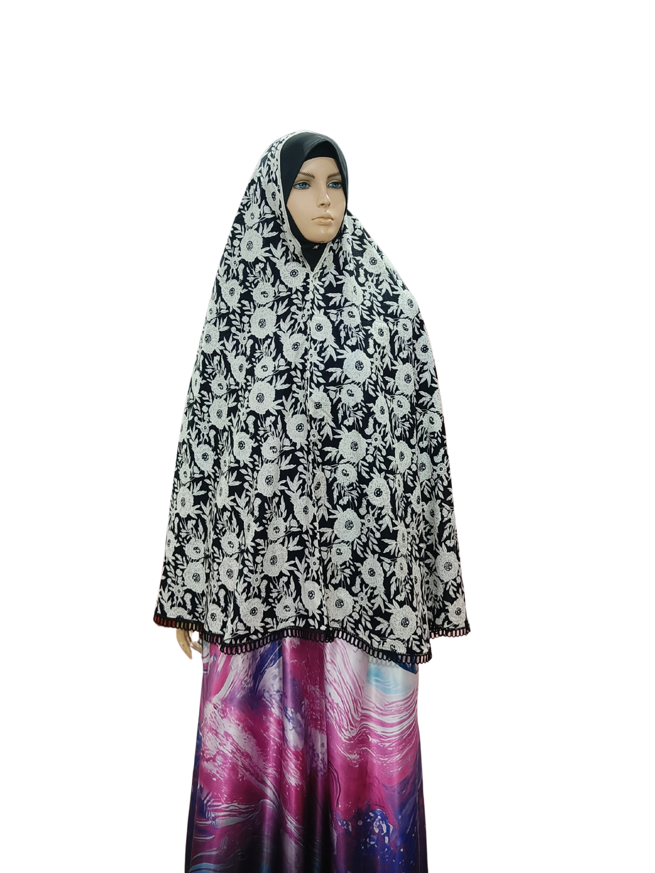 Floral Printed Namaz Hijab with Lace Border – Soft, Breathable & Full Coverage.B009P027