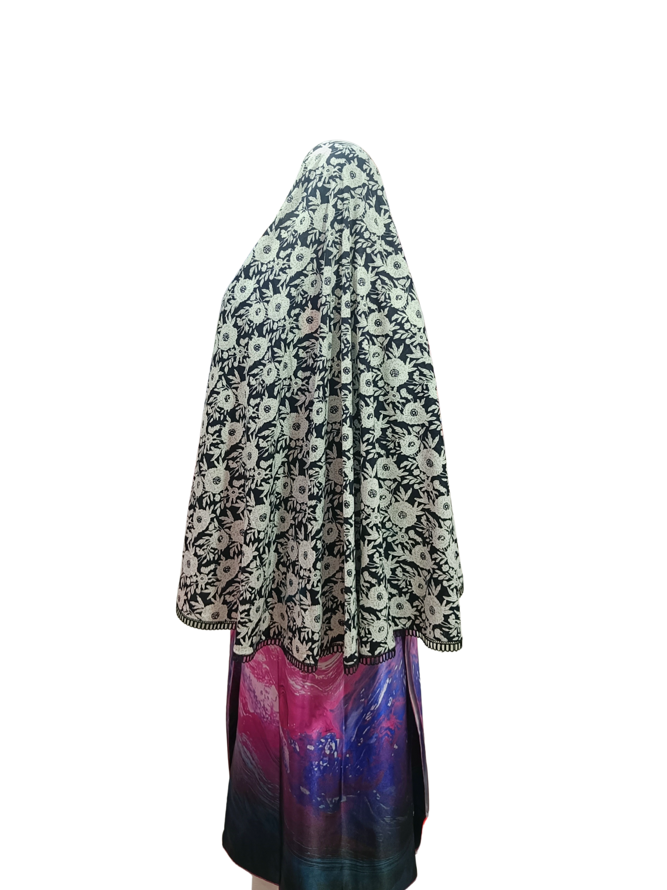 Floral Printed Namaz Hijab with Lace Border – Soft, Breathable & Full Coverage.B009P027