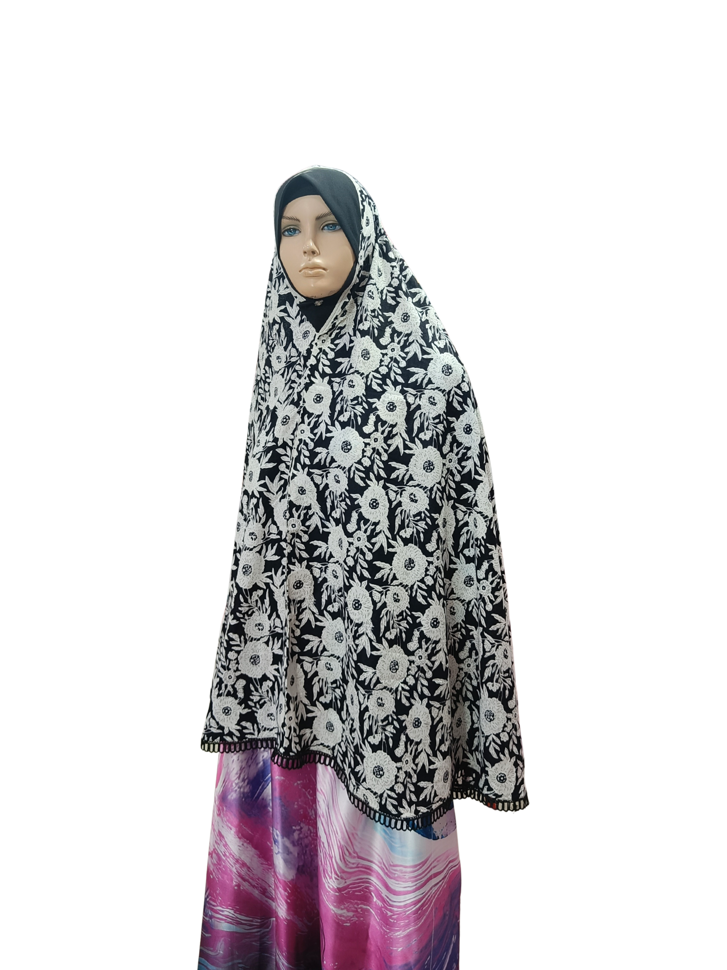 Floral Printed Namaz Hijab with Lace Border – Soft, Breathable & Full Coverage.B009P027