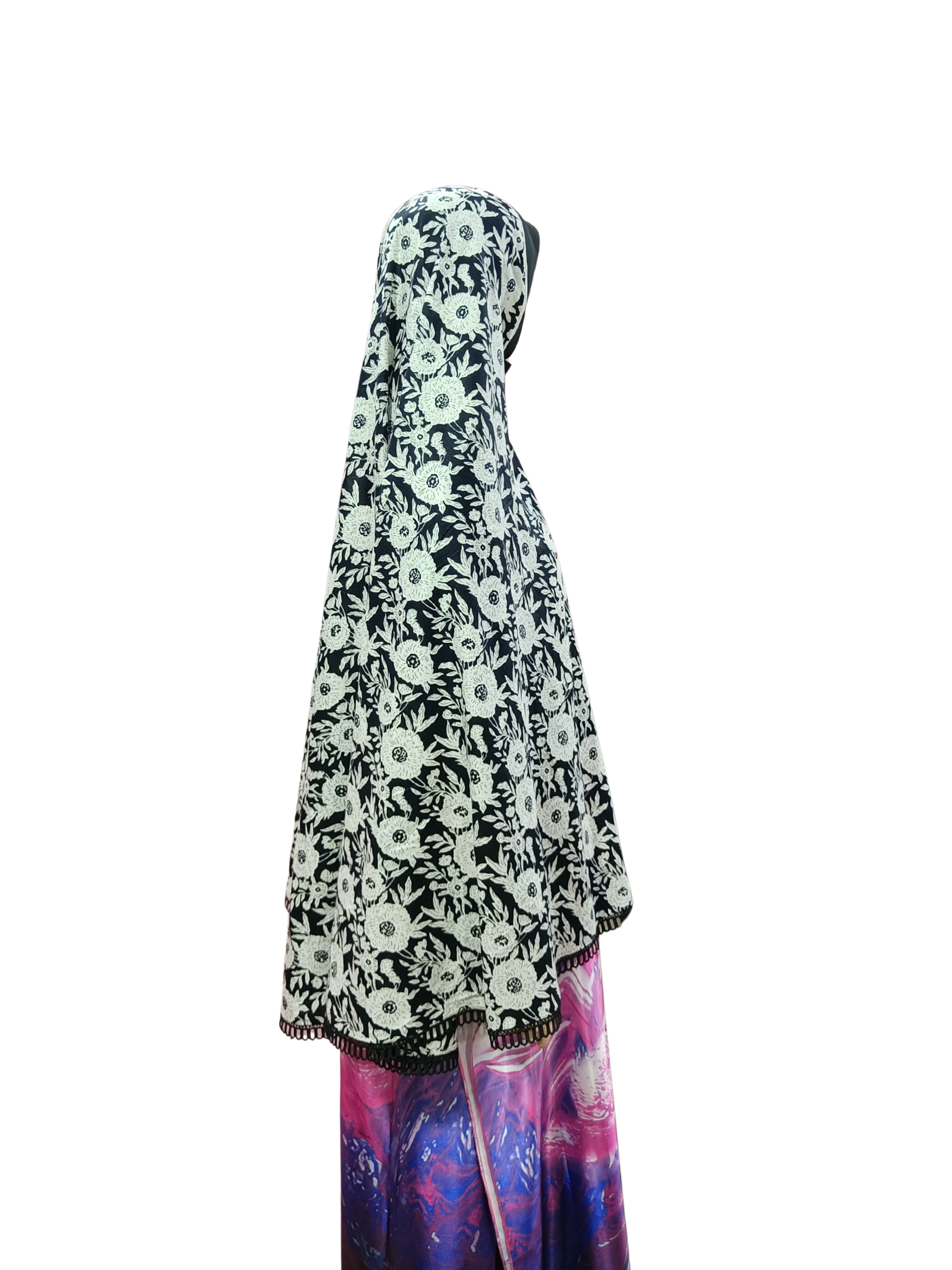 Floral Printed Namaz Hijab with Lace Border – Soft, Breathable & Full Coverage.B009P027