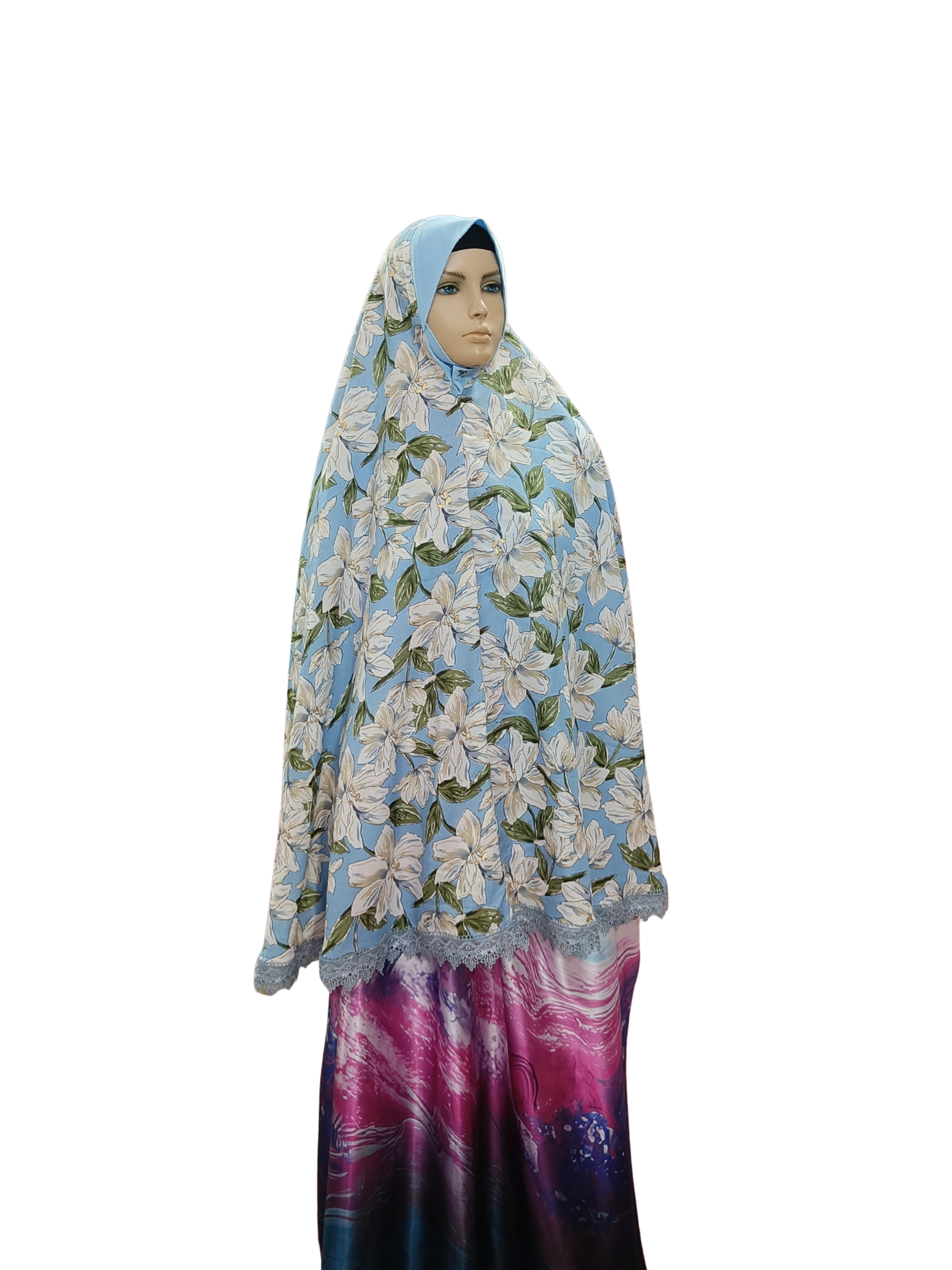 Floral Printed Namaz Hijab with Lace Border – Soft, Breathable & Full Coverage.B009P026