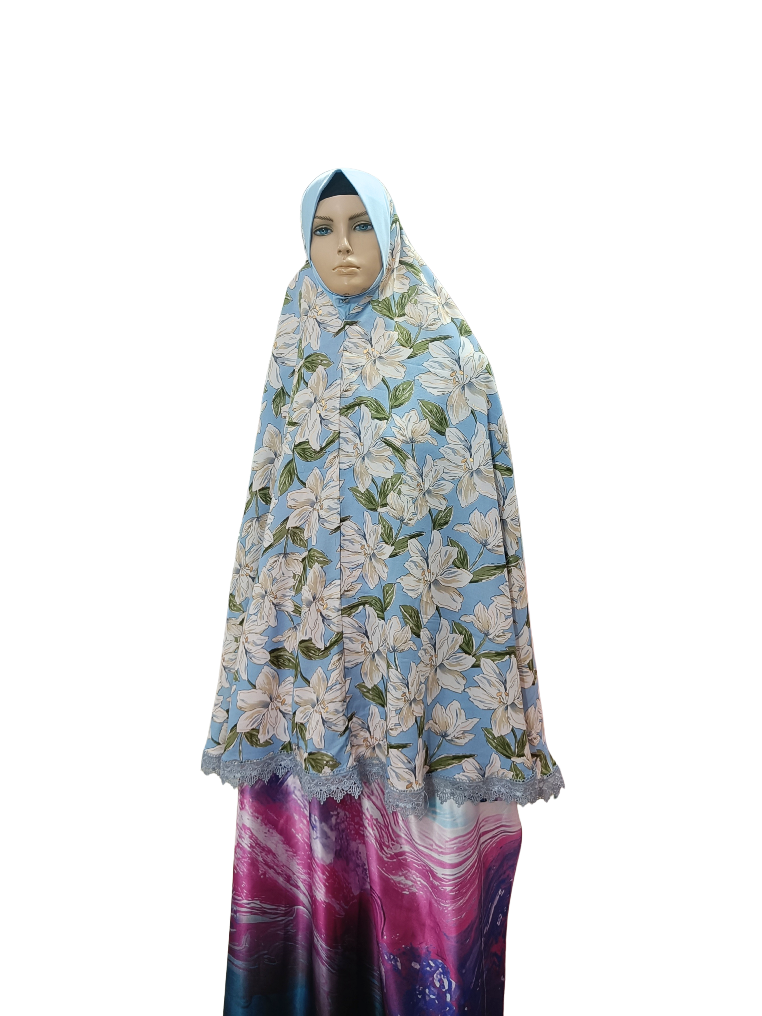 Floral Printed Namaz Hijab with Lace Border – Soft, Breathable & Full Coverage.B009P026