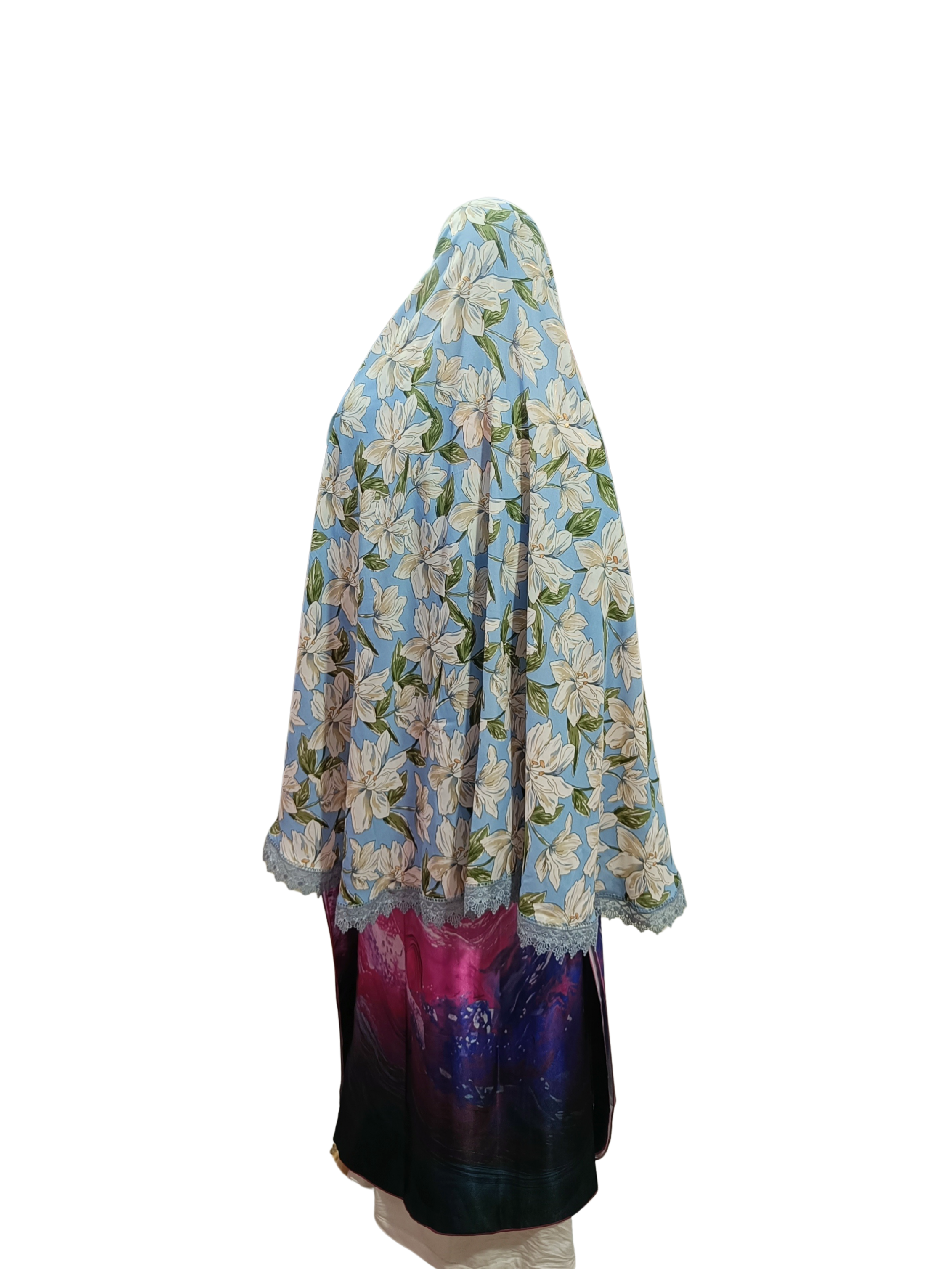Floral Printed Namaz Hijab with Lace Border – Soft, Breathable & Full Coverage.B009P026