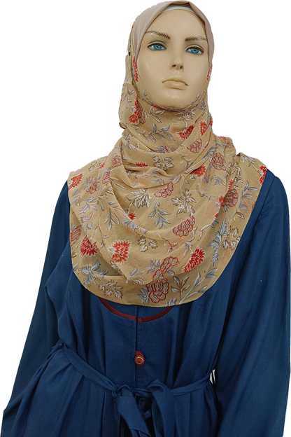 Mona Hijab - Light Brown Floral Print - B002P011
