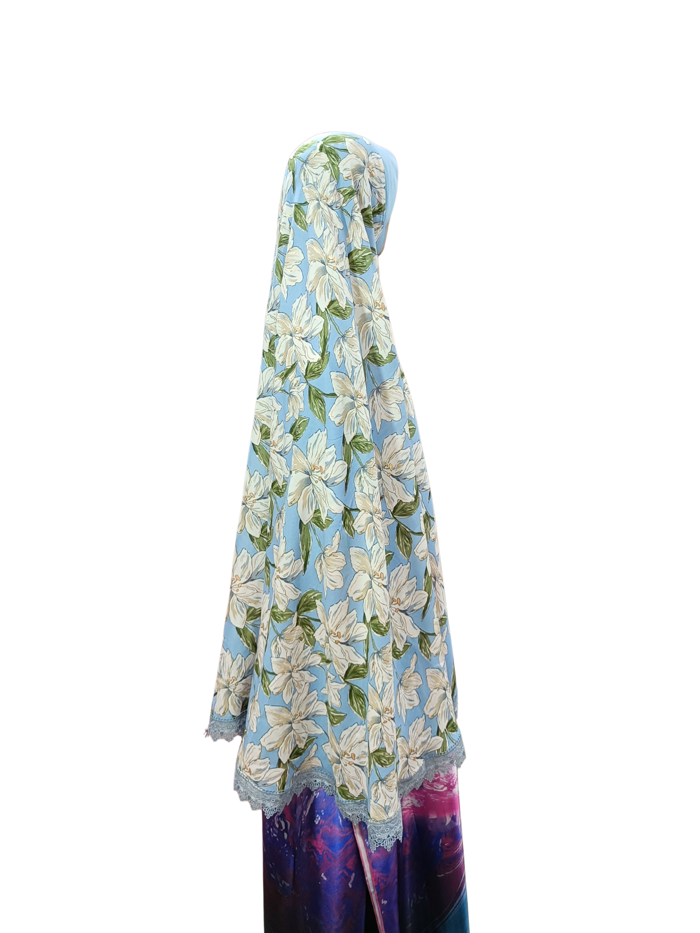 Floral Printed Namaz Hijab with Lace Border – Soft, Breathable & Full Coverage.B009P026