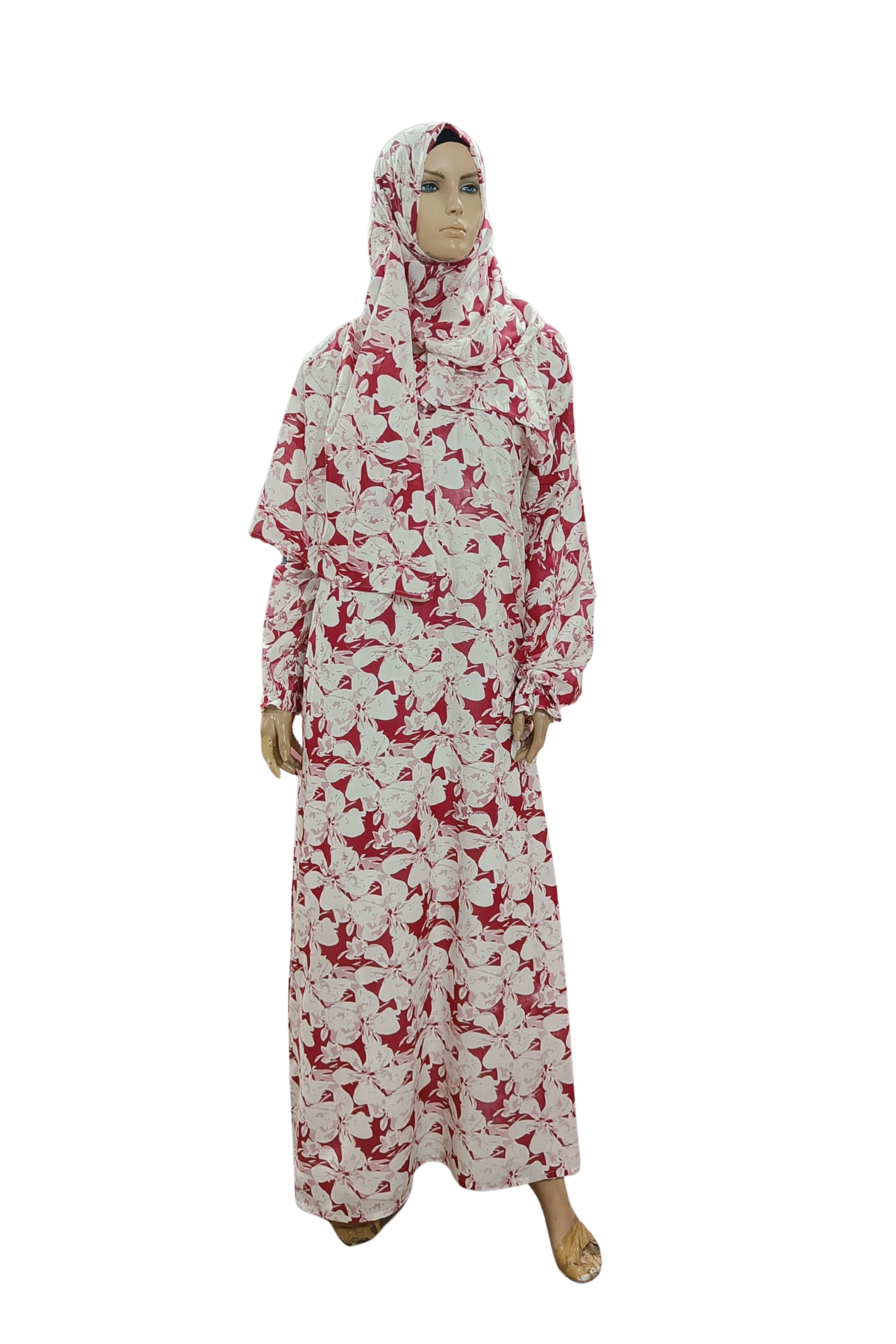 Marron Printed Namaz Gown with Sleeves– Soft, Breathable & Full Coverage.B009P029